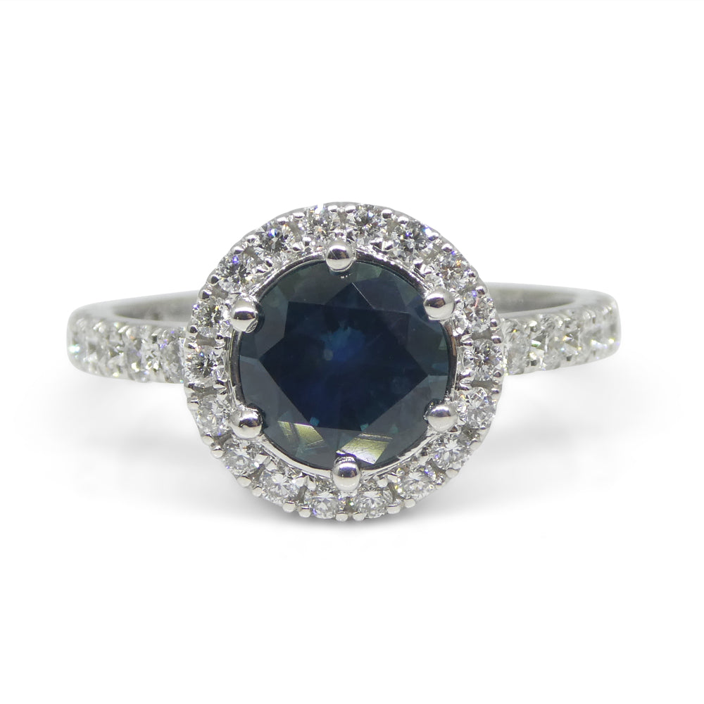 1.33ct Round Teal Blue Sapphire, Diamond Halo Engagement Ring set in 18k White Gold, IGI Certified - Skyjems Wholesale Gemstones