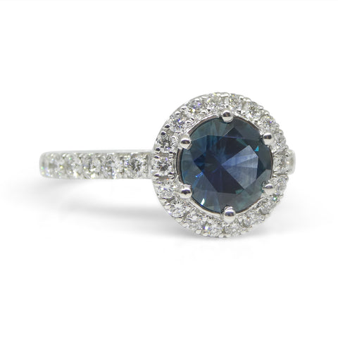 1.33ct Round Teal Blue Sapphire, Diamond Halo Engagement Ring set in 18k White Gold, IGI Certified
