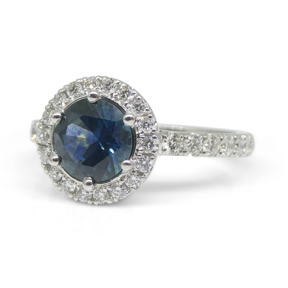 1.33ct Round Teal Blue Sapphire, Diamond Halo Engagement Ring set in 18k White Gold, IGI Certified - Skyjems Wholesale Gemstones