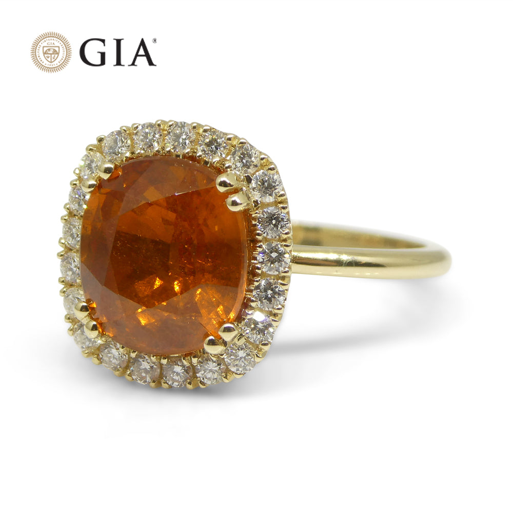 4.23ct Cushion Vivid Fanta Orange Spessartine Garnet, Diamond Engagement Ring set in 14k Yellow Gold, GIA Certified - Skyjems Wholesale Gemstones