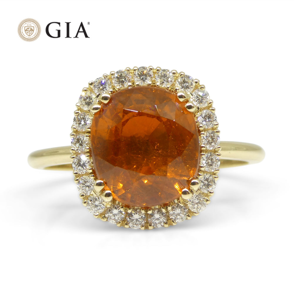 4.23ct Cushion Vivid Fanta Orange Spessartine Garnet, Diamond Engagement Ring set in 14k Yellow Gold, GIA Certified - Skyjems Wholesale Gemstones