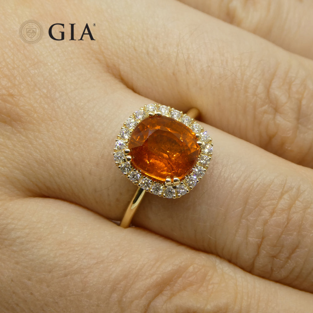 4.23ct Cushion Vivid Fanta Orange Spessartine Garnet, Diamond Engagement Ring set in 14k Yellow Gold, GIA Certified - Skyjems Wholesale Gemstones