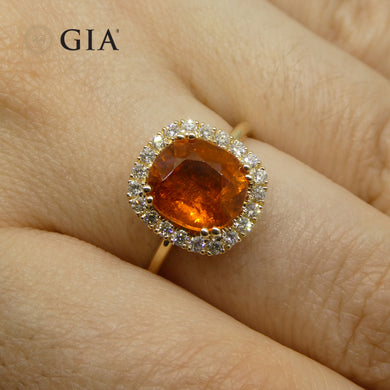 4.23ct Cushion Vivid Fanta Orange Spessartine Garnet, Diamond Engagement Ring set in 14k Yellow Gold, GIA Certified - Skyjems Wholesale Gemstones