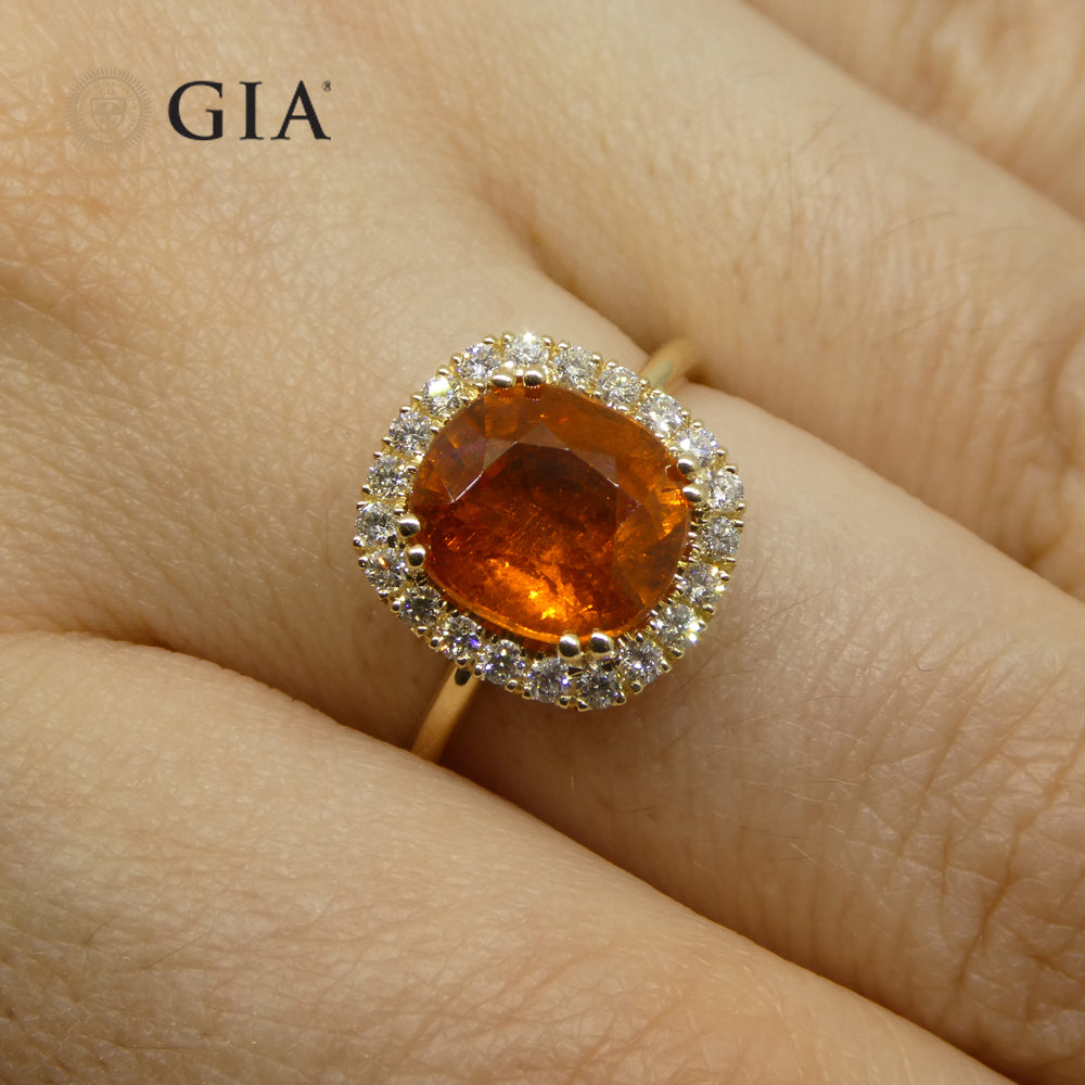4.23ct Cushion Vivid Fanta Orange Spessartine Garnet, Diamond Engagement Ring set in 14k Yellow Gold, GIA Certified