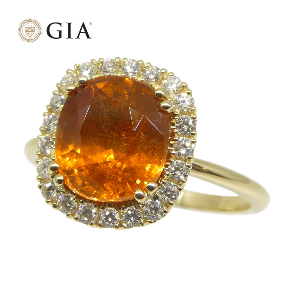 4.23ct Cushion Vivid Fanta Orange Spessartine Garnet, Diamond Engagement Ring set in 14k Yellow Gold, GIA Certified - Skyjems Wholesale Gemstones