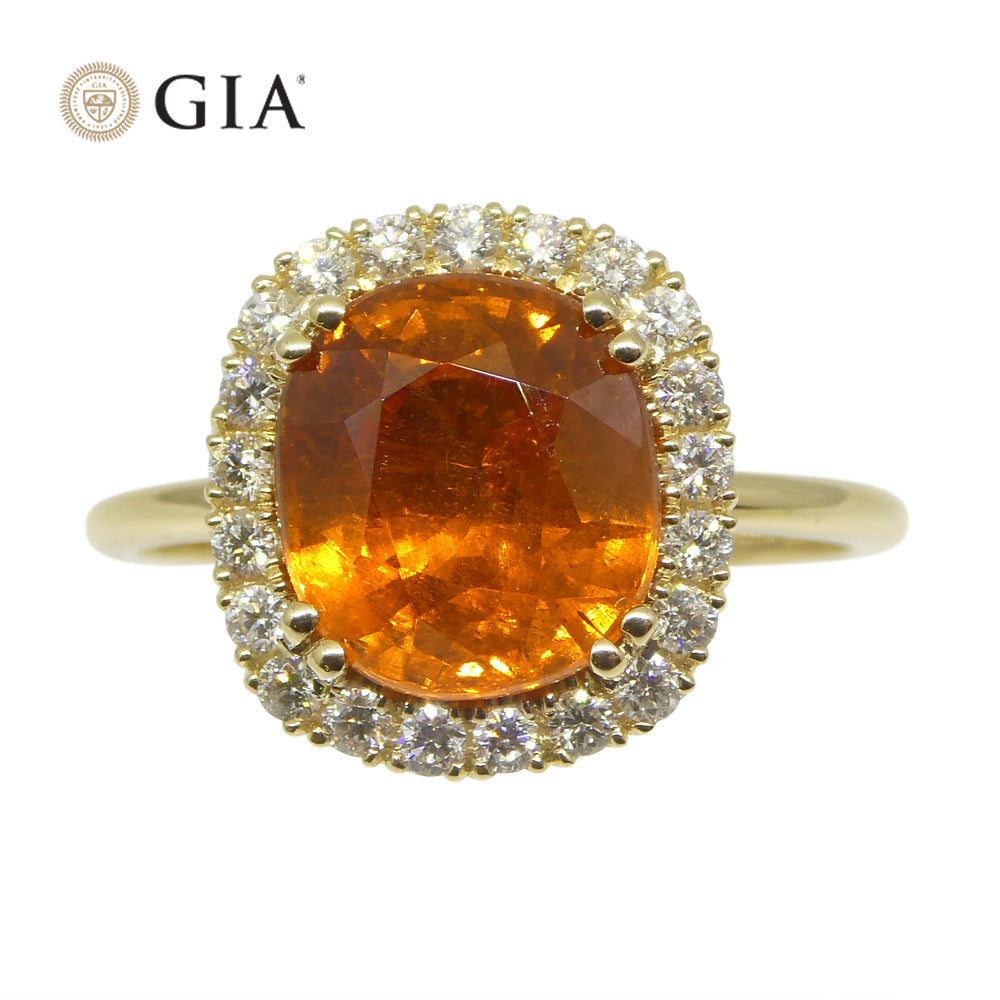 4.23ct Cushion Vivid Fanta Orange Spessartine Garnet, Diamond Engagement Ring set in 14k Yellow Gold, GIA Certified - Skyjems Wholesale Gemstones