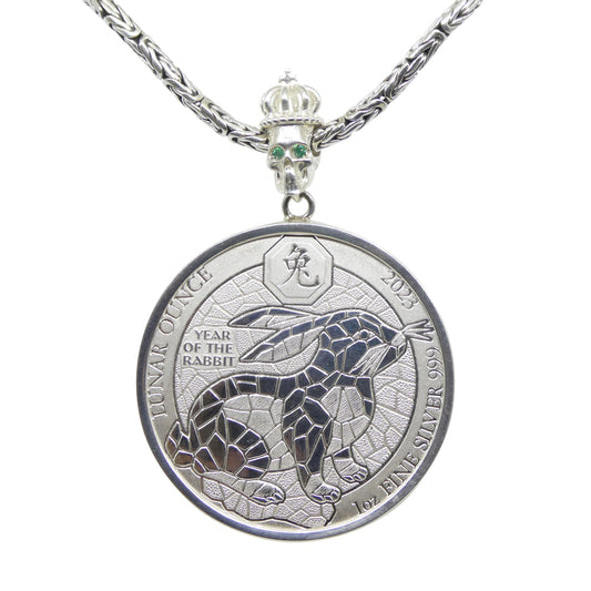 Year of the Rabbit Lunar Ounce Coin Necklace with Emeralds set in Sterling Silver - Skyjems Wholesale Gemstones