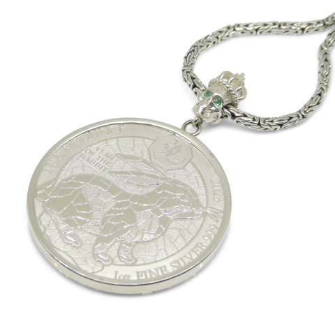 Year of the Rabbit Lunar Ounce Coin Necklace with Emeralds set in Sterling Silver