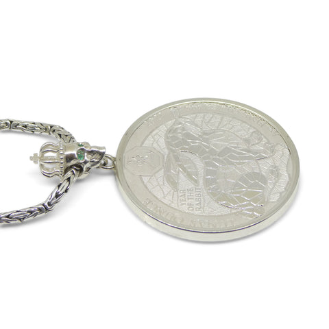 Year of the Rabbit Lunar Ounce Coin Necklace with Emeralds set in Sterling Silver