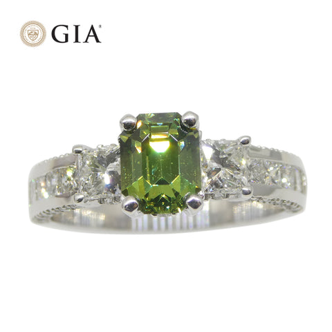 1.64ct Demantoid Garnet, Diamond Statement or Engagement Ring set in 14k White Gold, GIA Certified