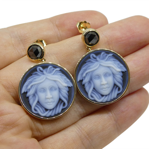Black Agate Medusa Cameo Earrings with Rose Cut Black Diamonds set in 14k Yellow Gold