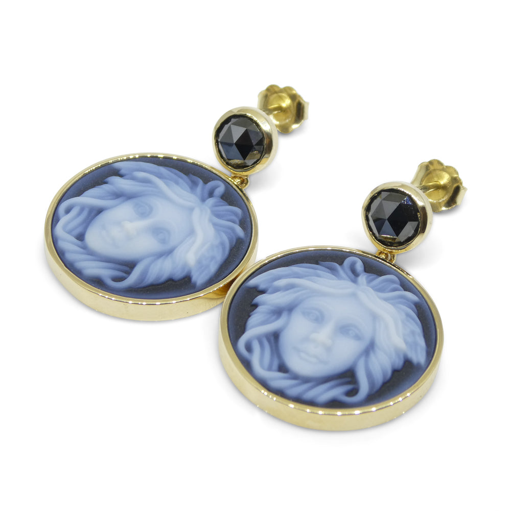 Black Agate Medusa Cameo Earrings with Rose Cut Black Diamonds set in 14k Yellow Gold - Skyjems Wholesale Gemstones