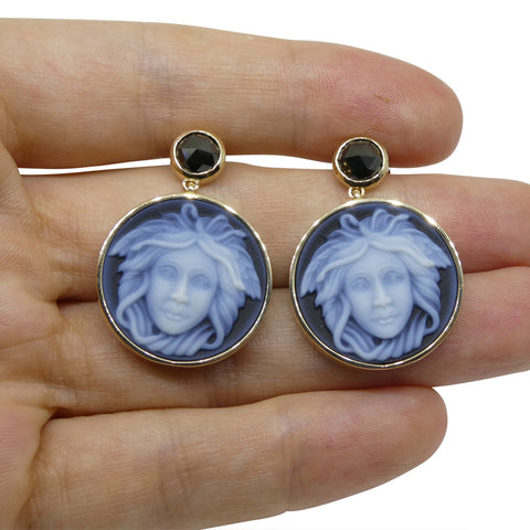 Black Agate Medusa Cameo Earrings with Rose Cut Black Diamonds set in 14k Yellow Gold