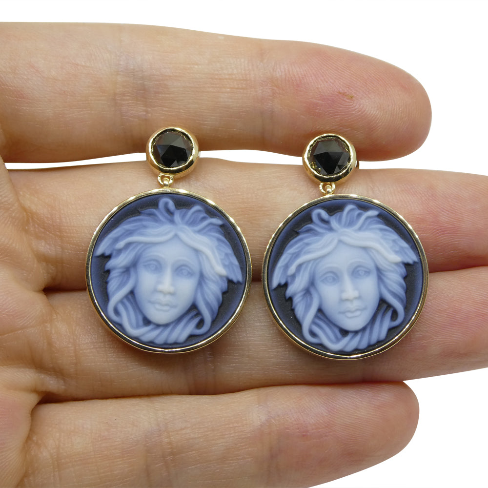 Black Agate Medusa Cameo Earrings with Rose Cut Black Diamonds set in 14k Yellow Gold - Skyjems Wholesale Gemstones