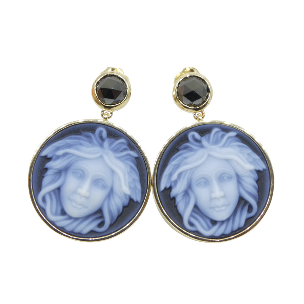 Black Agate Medusa Cameo Earrings with Rose Cut Black Diamonds set in 14k Yellow Gold - Skyjems Wholesale Gemstones