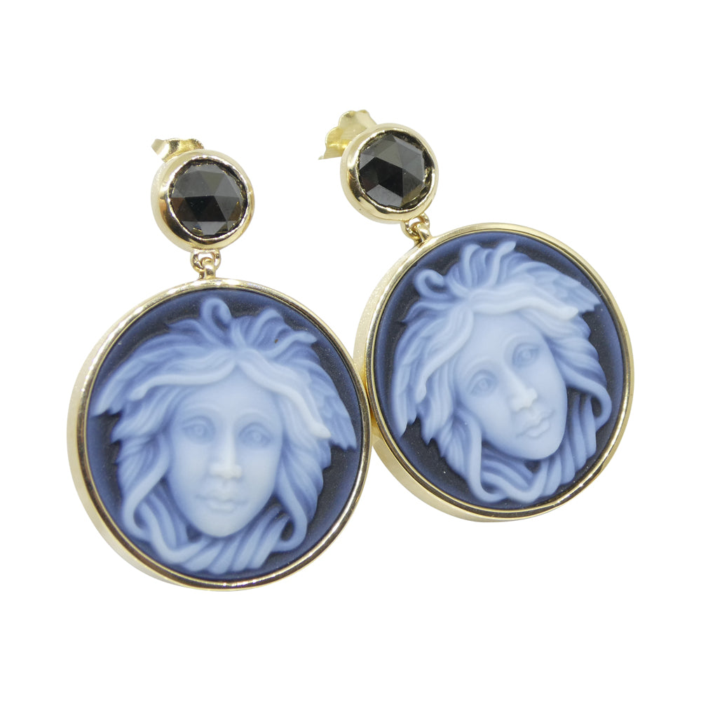 Black Agate Medusa Cameo Earrings with Rose Cut Black Diamonds set in 14k Yellow Gold - Skyjems Wholesale Gemstones