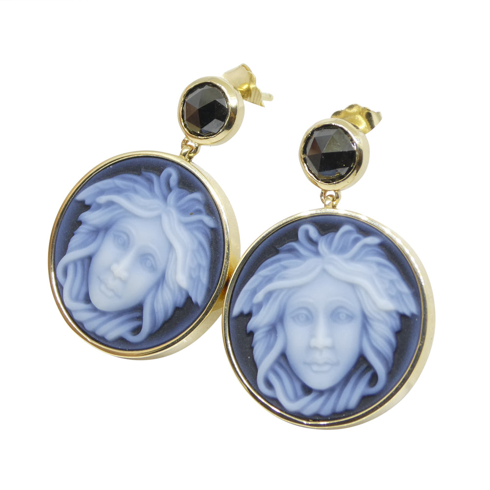 Black Agate Medusa Cameo Earrings with Rose Cut Black Diamonds set in 14k Yellow Gold - Skyjems Wholesale Gemstones