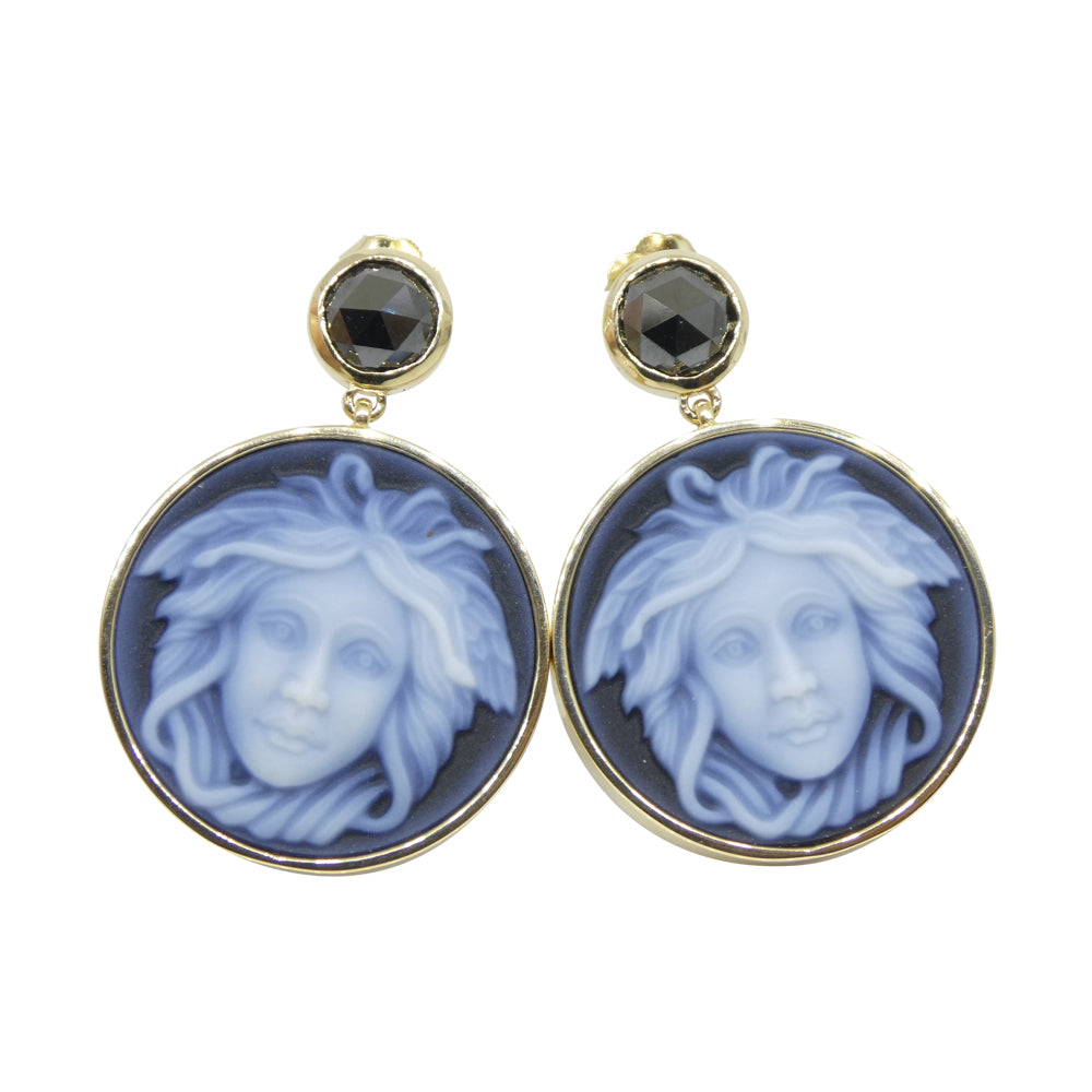 Black Agate Medusa Cameo Earrings with Rose Cut Black Diamonds set in 14k Yellow Gold - Skyjems Wholesale Gemstones