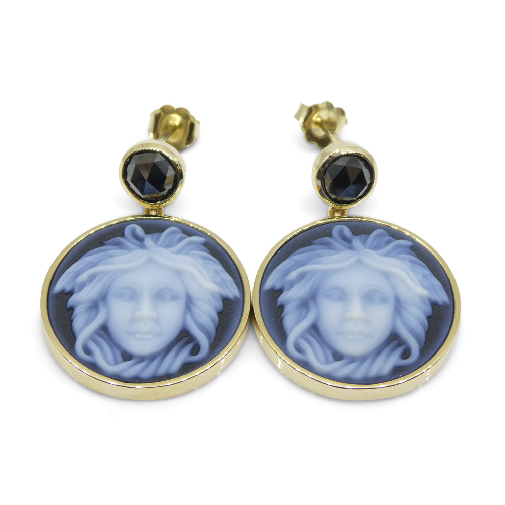 Black Agate Medusa Cameo Earrings with Rose Cut Black Diamonds set in 14k Yellow Gold - Skyjems Wholesale Gemstones