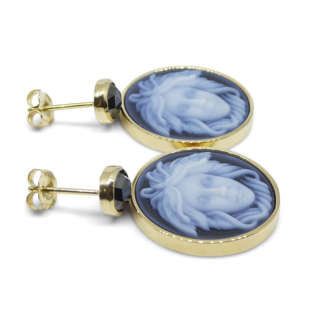 Black Agate Medusa Cameo Earrings with Rose Cut Black Diamonds set in 14k Yellow Gold - Skyjems Wholesale Gemstones