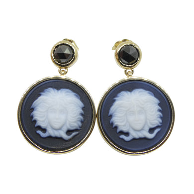 Black Agate Medusa Cameo Earrings with Rose Cut Black Diamonds set in 14k Yellow Gold - Skyjems Wholesale Gemstones
