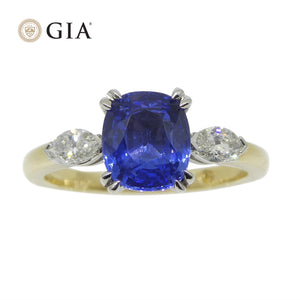 2.03ct Cushion Blue Sapphire, Diamond Statement or Engagement Ring set in 18k Yellow and White Gold, GIA Certified Sri Lanka - Skyjems Wholesale Gemstones