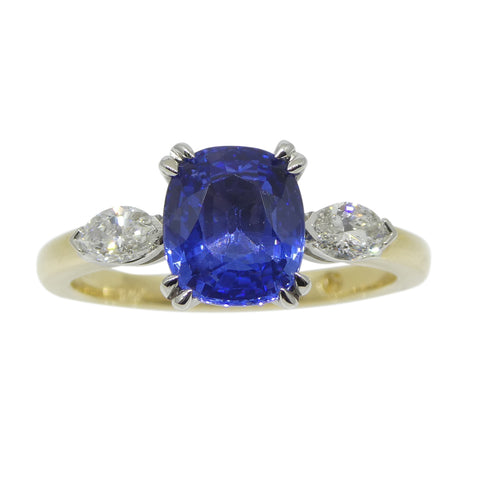 2.03ct Cushion Blue Sapphire, Diamond Statement or Engagement Ring set in 18k Yellow and White Gold, GIA Certified Sri Lanka