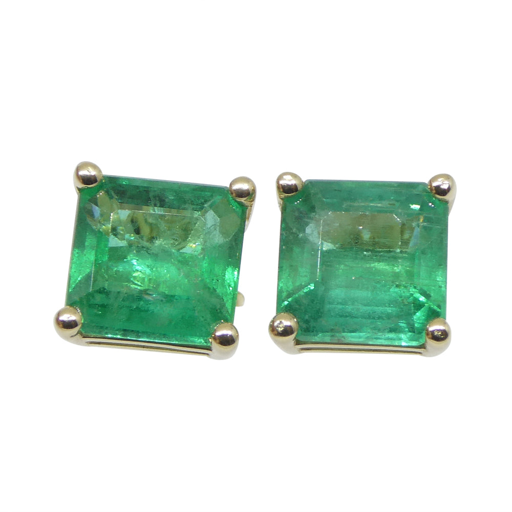 3.30ct Square Emerald Stud Earrings set in 14k Yellow Gold