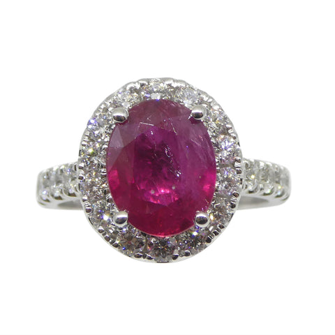 2.01ct Red Ruby, Diamond Halo Statement or Engagement Ring set in 14k White Gold, GIA Certified Mozambique