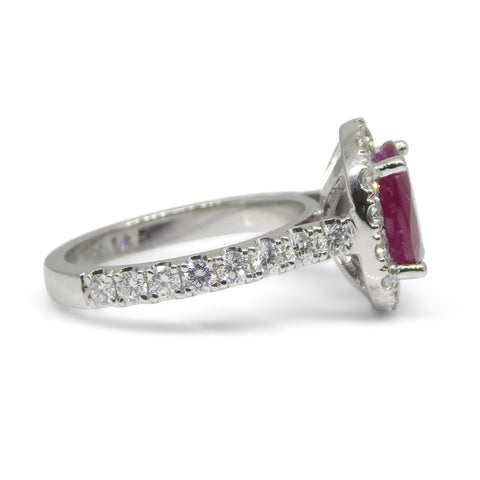 2.08ct Red Ruby, Diamond Halo Statement or Engagement Ring set in 14k White Gold