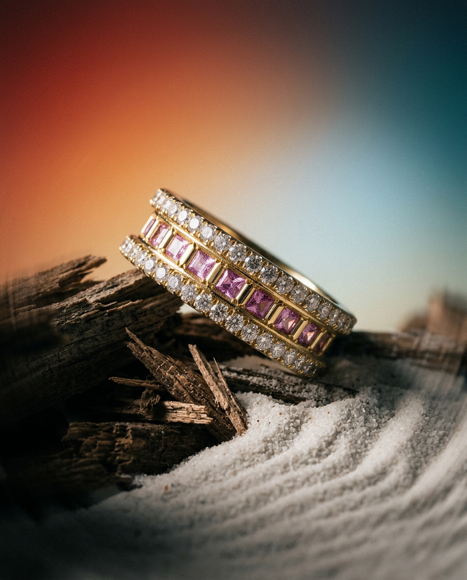 SkyJems 1.47ct Rainbow Sapphire & Diamond Men's Ring in 18k Yellow Gold, Unheated Gemstone Wedding Band