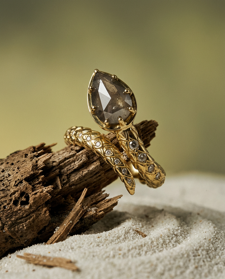 SkyJems 3.45ct Grey White Diamond Snake Ring in 18k Yellow Gold - Luxury Mens Gemstone Statement Jewelry