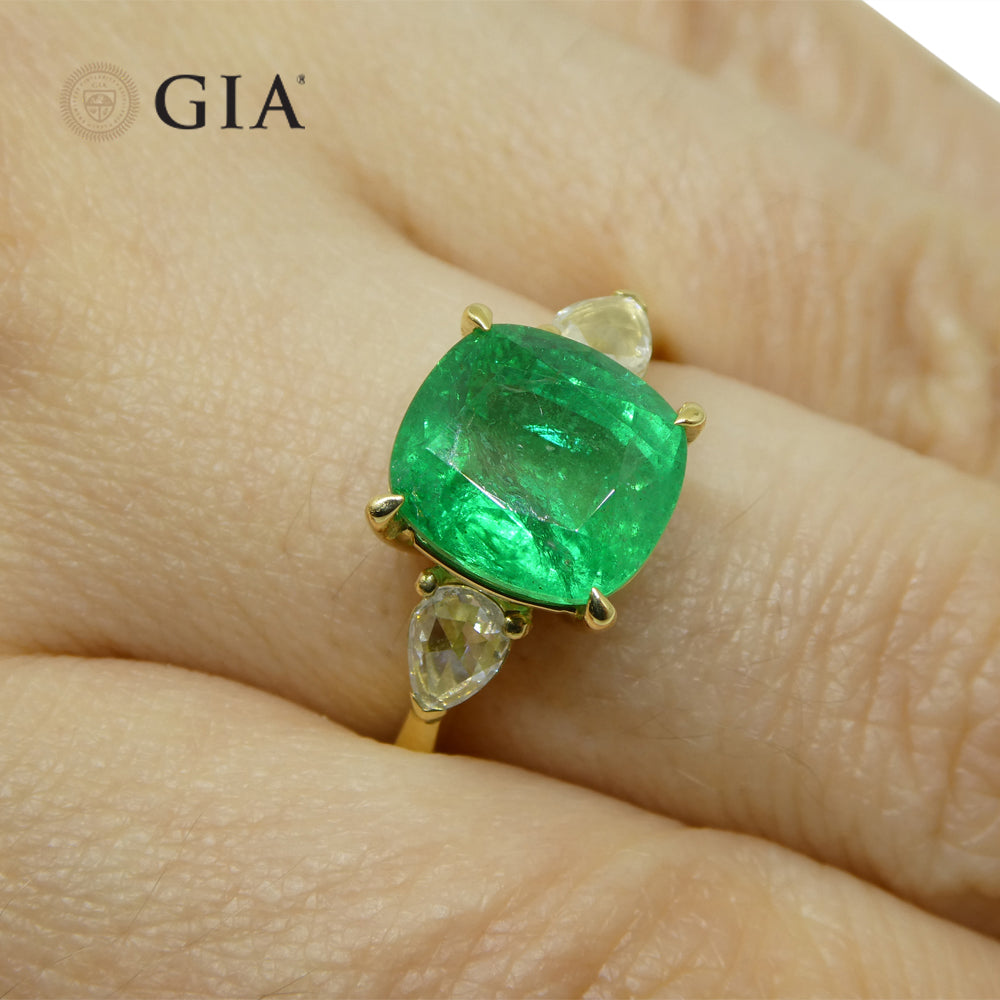 3.57ct Emerald, Diamond Statement or Engagement Ring set in 18k Yellow Gold, GIA Certified Zambia - Skyjems Wholesale Gemstones