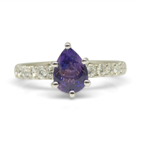 1.15ct Pear Purple Sapphire, Diamond Statement or Engagement Ring set in 18k White Gold, Unheated
