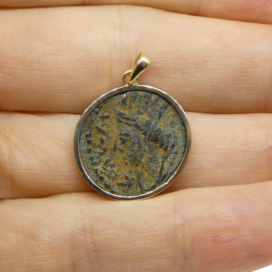 Authentic Ancient Mesopotamia Edessa Elagabalus Coin Pendant in 14K Yellow Gold - Skyjems Wholesale Gemstones