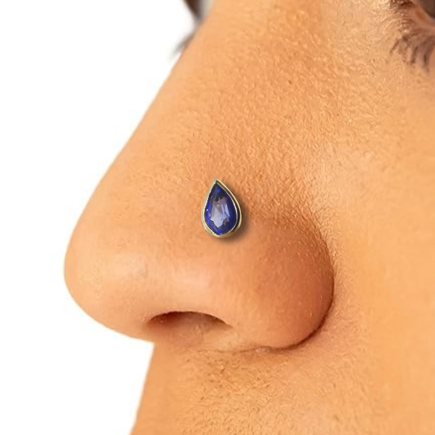 0.40ct Pear Shape Blue Sapphire Nose Ring set in 14k Yellow Gold - Skyjems Wholesale Gemstones