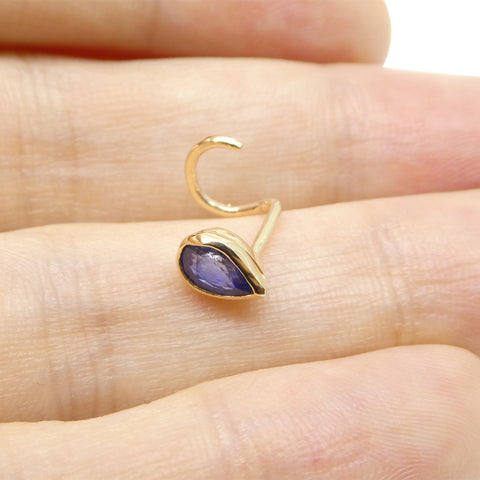 0.40ct Pear Shape Blue Sapphire Nose Ring set in 14k Yellow Gold