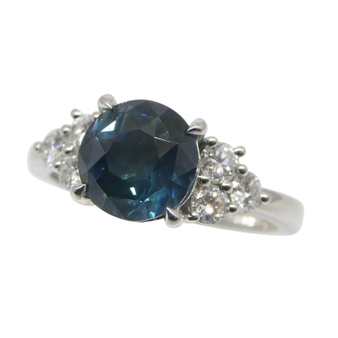2.80ct Round Teal Blue Sapphire, Diamond Statement or Engagement Ring set in 14k White Gold, GIA Certified Thailand