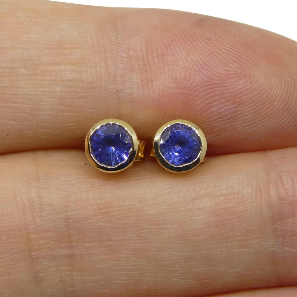 0.96ct Round Blue Sapphire Stud Earrings set in 14k Yellow Gold - Skyjems Wholesale Gemstones