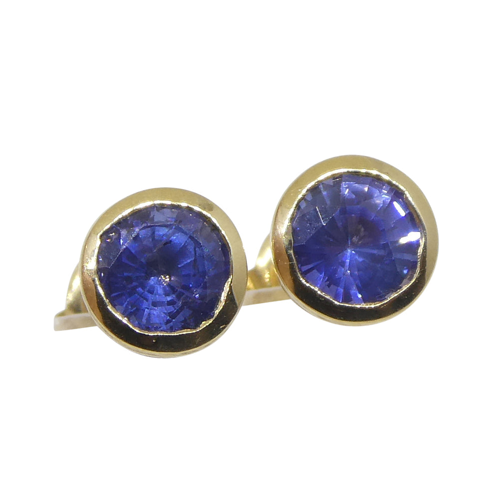 0.96ct Round Blue Sapphire Stud Earrings set in 14k Yellow Gold - Skyjems Wholesale Gemstones