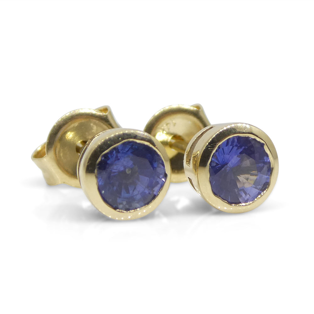 0.96ct Round Blue Sapphire Stud Earrings set in 14k Yellow Gold - Skyjems Wholesale Gemstones