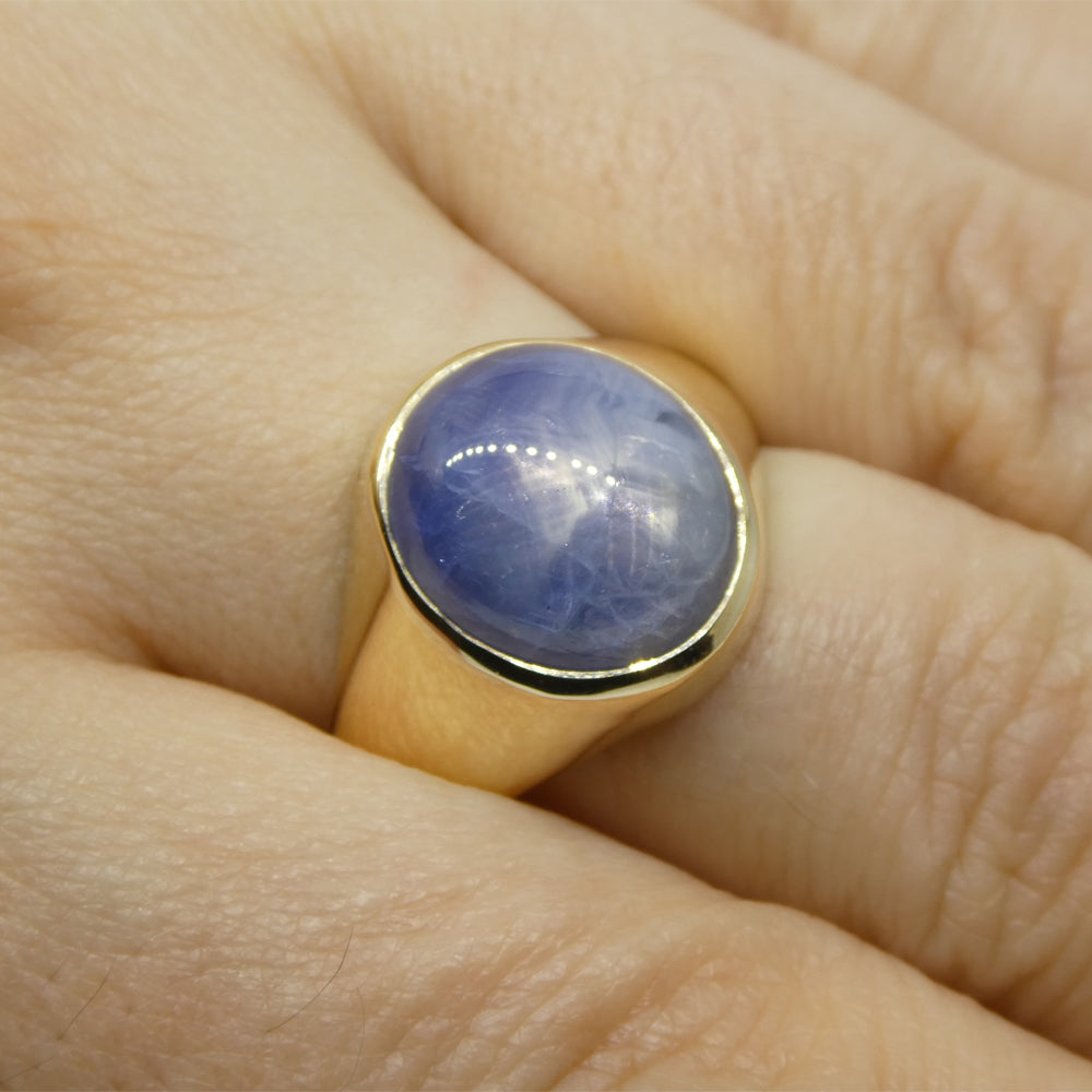 8.08ct Blue Star Sapphire Signet Gent's Ring set in 14k Yellow Gold - Skyjems Wholesale Gemstones