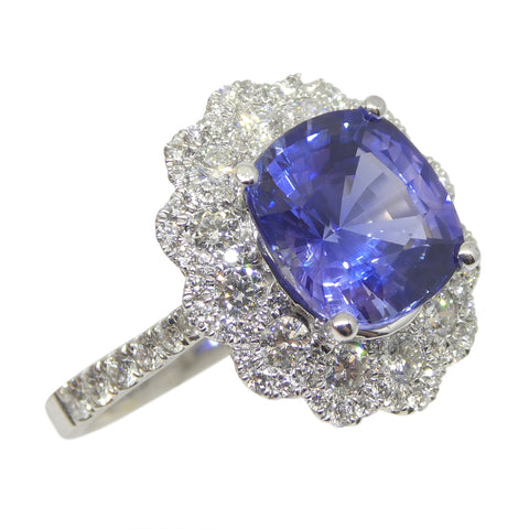 4.52ct Blue Sapphire, Diamond Engagement/Statement Ring in 18K White Gold, GIA Certified Unheated