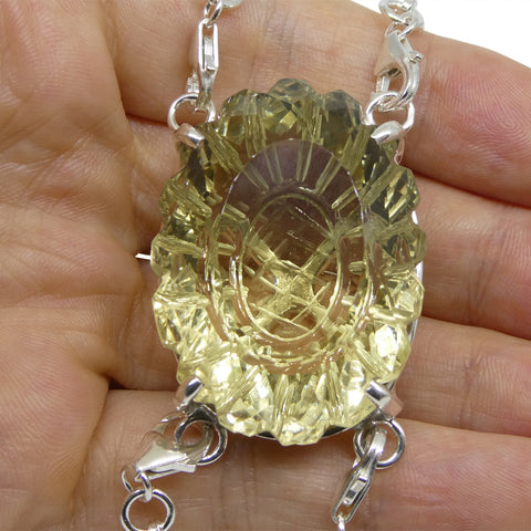 128ct Oval Carving Yellow Citrine Body Chain Pendant set in Sterling Silver