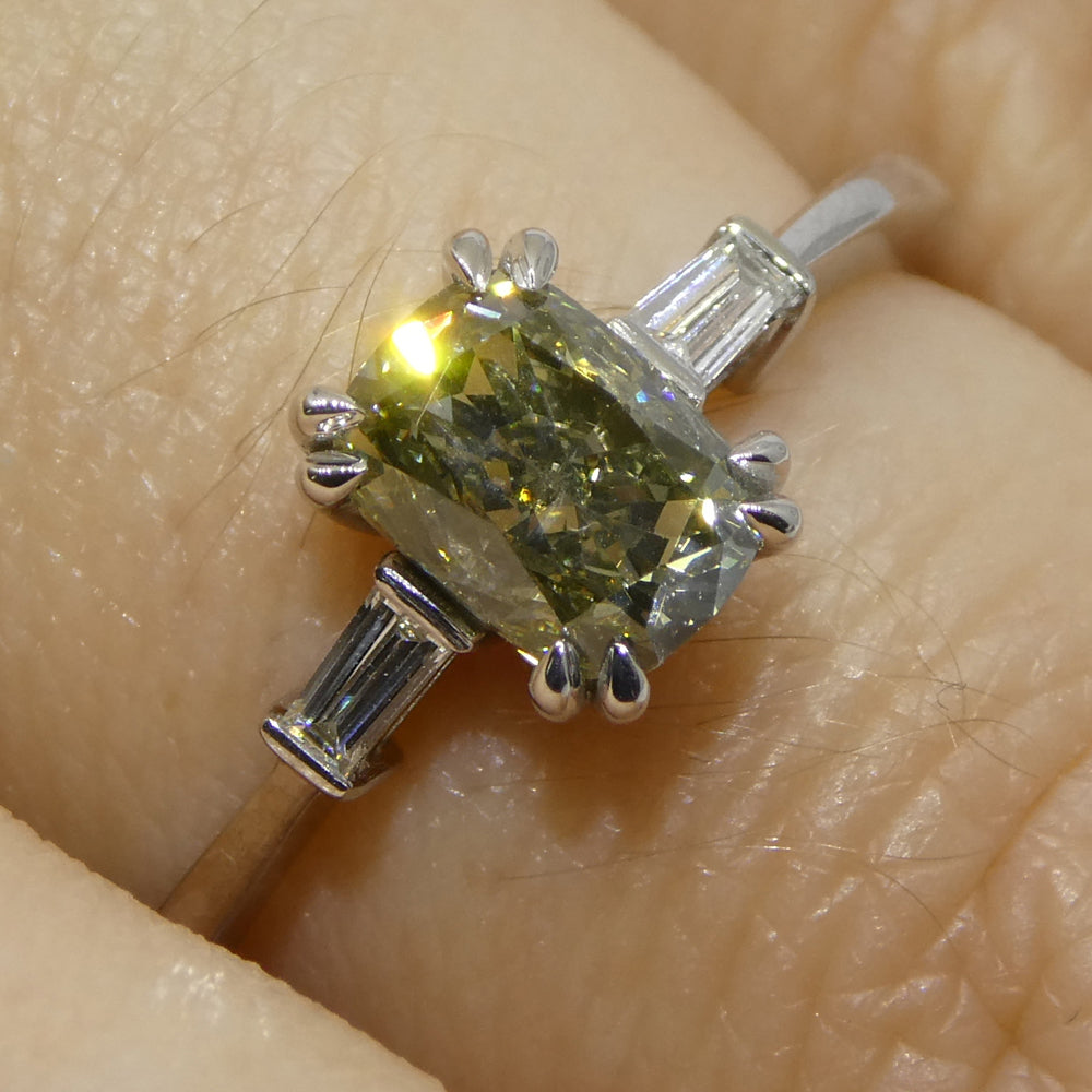 1.07ct Yellowish Green Fancy Diamond Cushion Engagement Ring set in 18k White Gold, GIA Certified - Skyjems Wholesale Gemstones