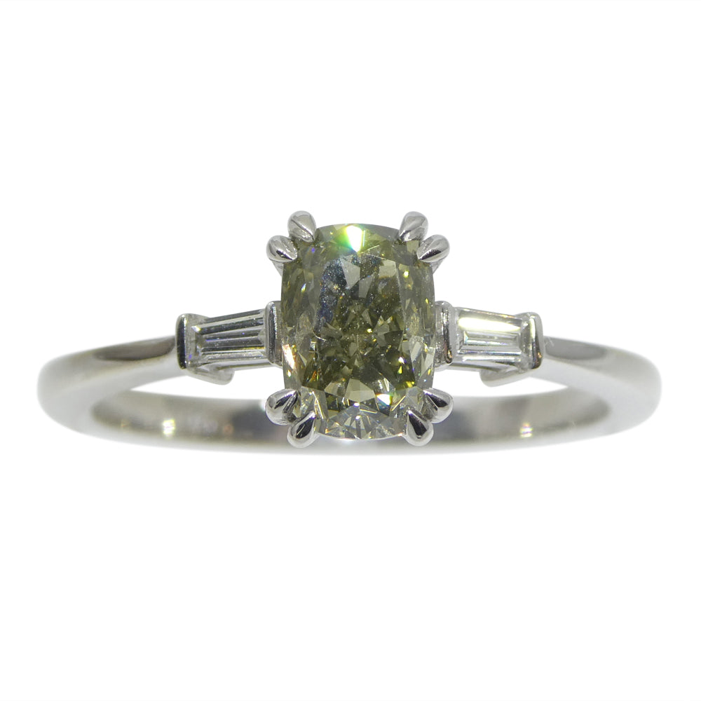 1.07ct Yellowish Green Fancy Diamond Cushion Engagement Ring set in 18k White Gold, GIA Certified - Skyjems Wholesale Gemstones