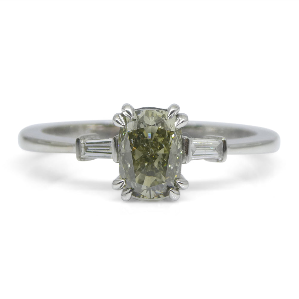 1.07ct Yellowish Green Fancy Diamond Cushion Engagement Ring set in 18k White Gold, GIA Certified - Skyjems Wholesale Gemstones