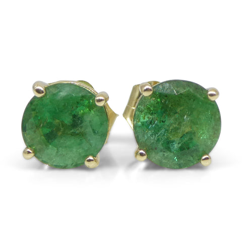 1.52ct Round Green Emerald Stud Earrings set in 14k Yellow Gold