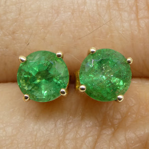 1.52ct Round Green Emerald Stud Earrings set in 14k Yellow Gold - Skyjems Wholesale Gemstones