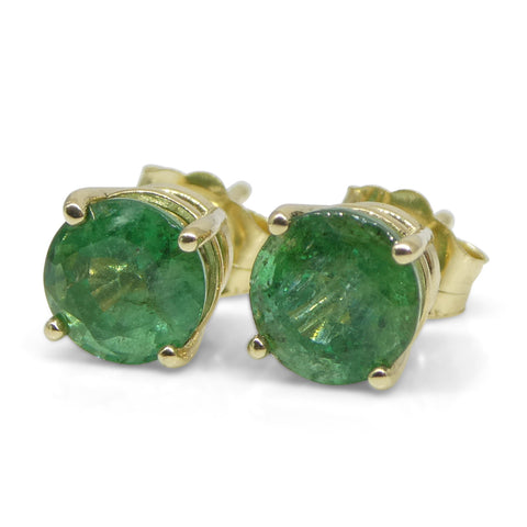 1.52ct Round Green Emerald Stud Earrings set in 14k Yellow Gold